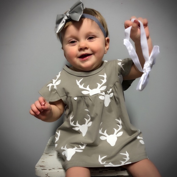 Gray & White Deer Print Baby Infant Dress - Picture 6 of 8